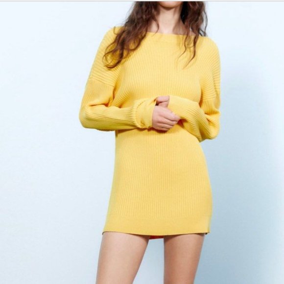 NWT ZARA Knit Sweater RIBBED BACK STRAP STRETCH MINI DRESS YELLOW LARGE - Picture 2 of 11